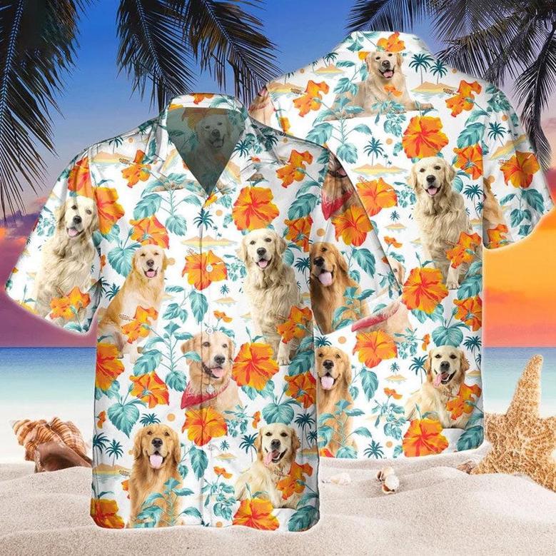 Custom Name Golden Retriever Dog Hibiscus Flowers All Printed Hawaiian Shirt, Farm Hawaiian Shirt, Farmer Hawaii