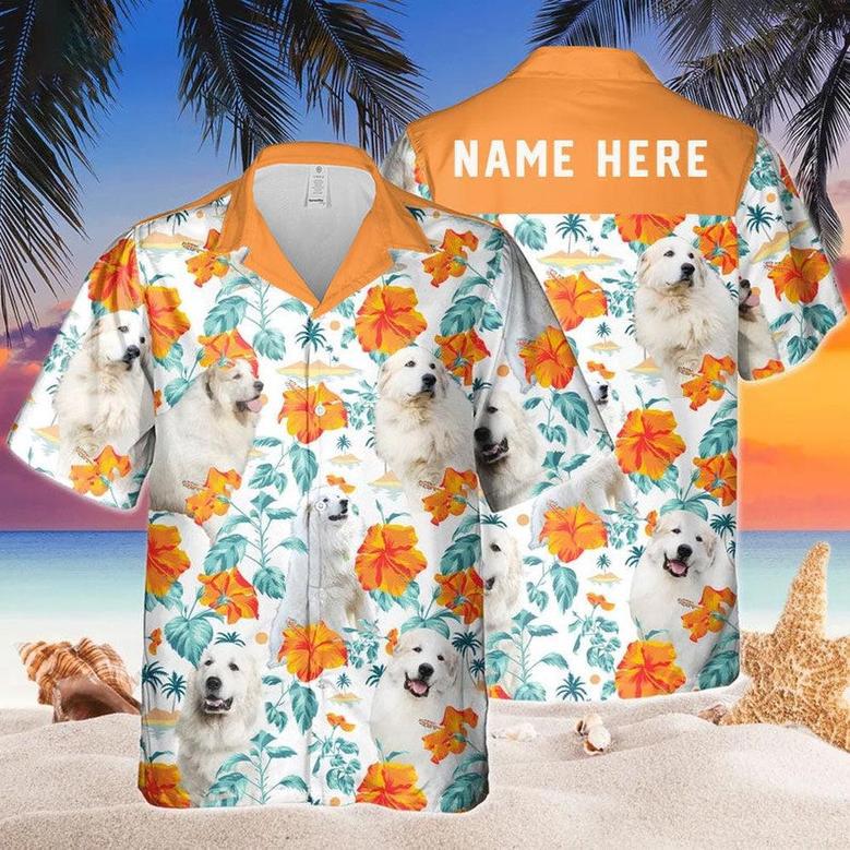 Custom Name Great Pyrenees Dog Hibiscus Flowers All Printed Hawaiian Shirt, Farm Hawaiian Shirt, Farmer Hawaii