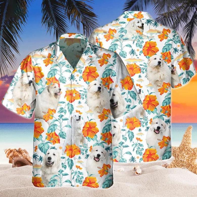 Custom Name Great Pyrenees Dog Hibiscus Flowers All Printed Hawaiian Shirt, Farm Hawaiian Shirt, Farmer Hawaii