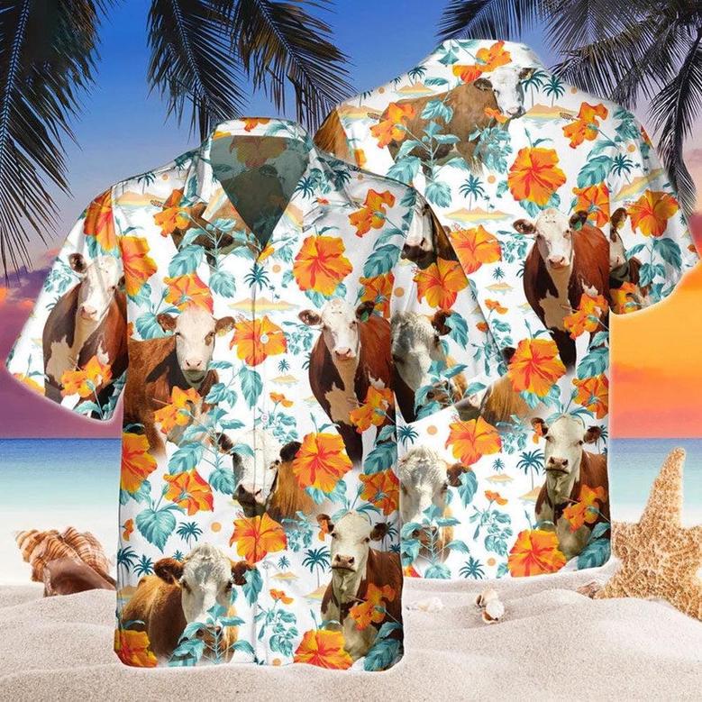 Custom Name Hereford Cow Hibiscus Flowers All Printed Hawaiian Shirt, Farm Hawaiian Shirt, Farmer Hawaii