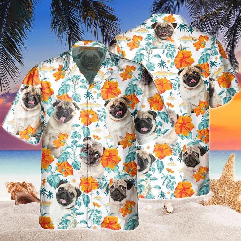 Custom Name Pug Dog Hibiscus Flowers All Printed Hawaiian Shirt, Farm Hawaiian Shirt, Farmer Hawaii