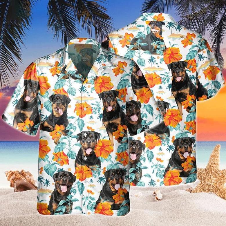 Custom Name Rottweiler Dog Hibiscus Flowers All Printed Hawaiian Shirt, Farm Hawaiian Shirt, Farmer Hawaii