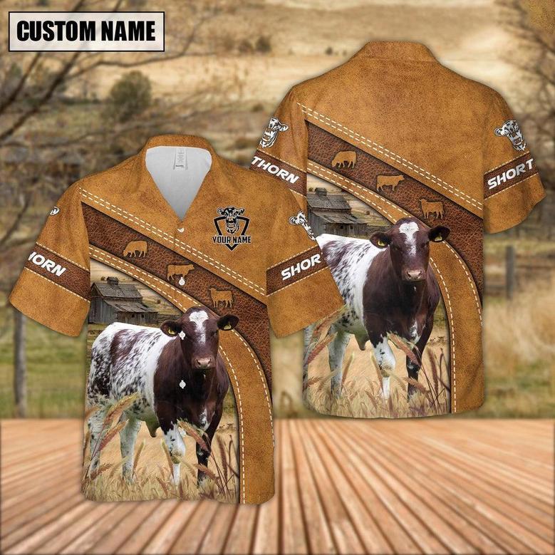 Custom Name Shorthorn Leather Pattern Hawaiian Shirt, Farm Hawaiian Shirt, Farmer Hawaii