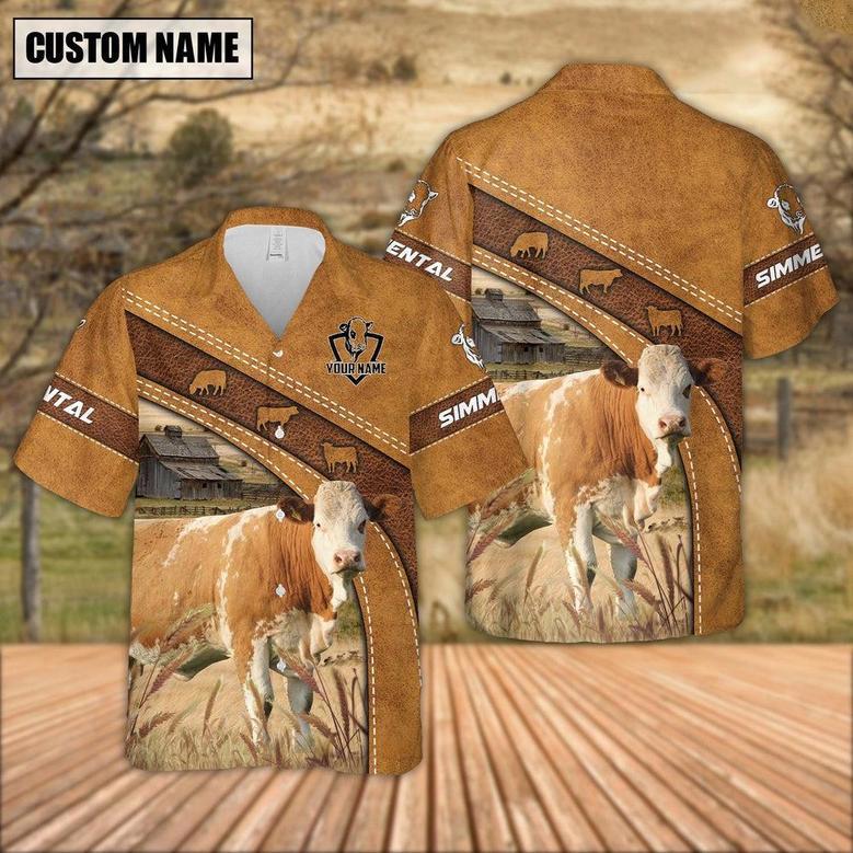 Custom Name Simmental Leather Pattern Hawaiian Shirt, Farm Hawaiian Shirt, Farmer Hawaii