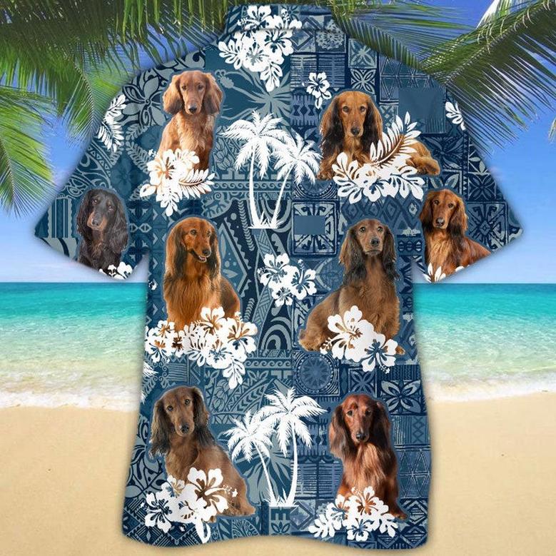 Dachshund 3 Hawaiian Tropical Plants Pattern Blue And White All Over Printed Hawaiian Shirt, Farm Hawaiian Shirt, Farmer Hawaii