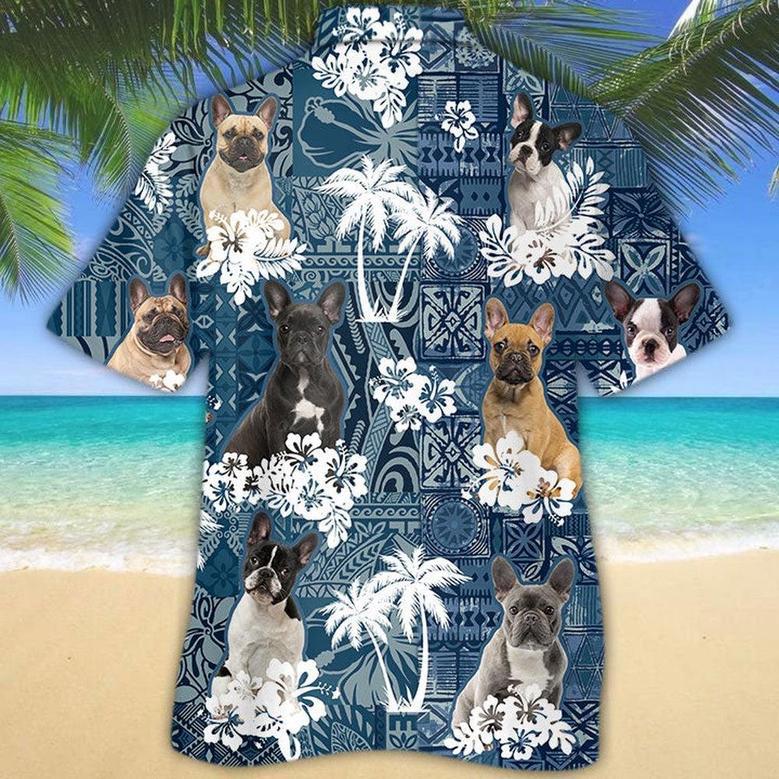 French Bulldog Hawaiian Tropical Plants Pattern Blue And White All Over Printed Hawaiian Shirt, Farm Hawaiian Shirt, Farmer Hawaii