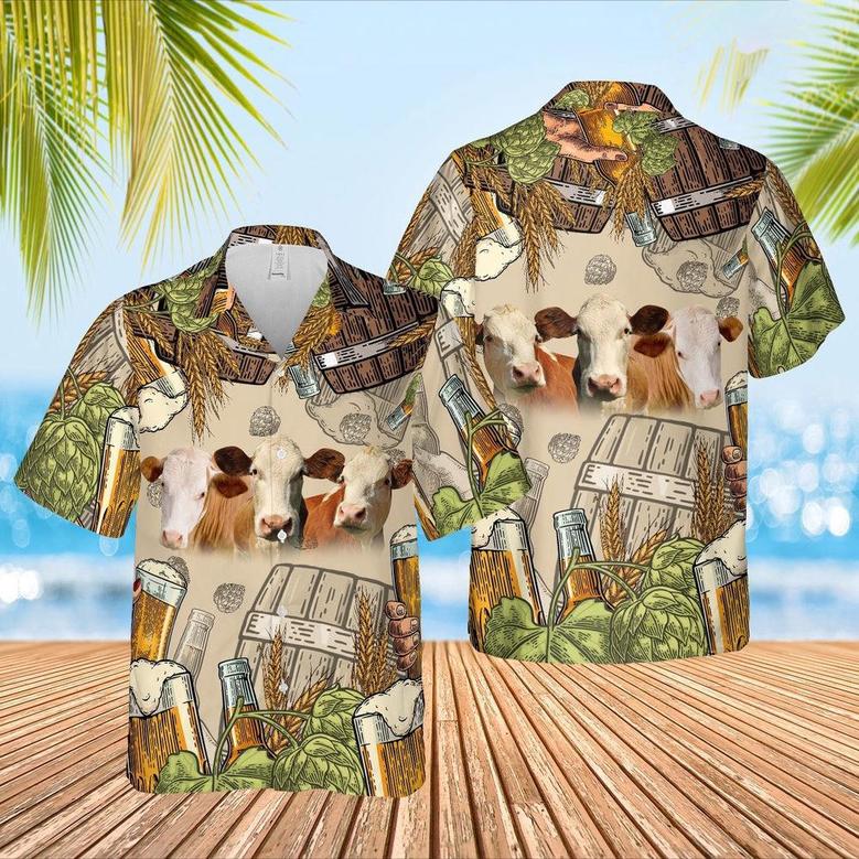 Funny Simmental Cattle Beer Pattern Hawaiian Shirt, Farm Hawaiian Shirt, Farmer Hawaii