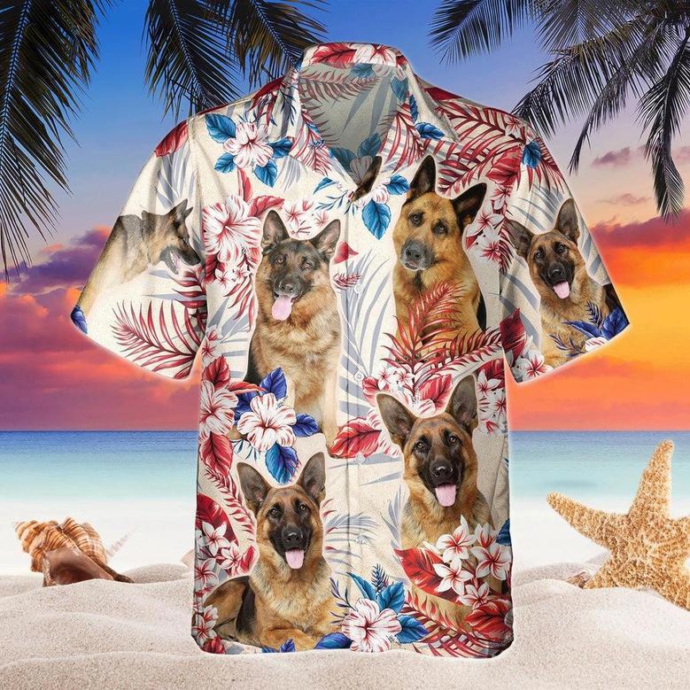 German Shepherd Dog United States Flag Hawaiian Flowers All Over Printed Hawaiian Shirt, Farm Hawaiian Shirt, Farmer Hawaii