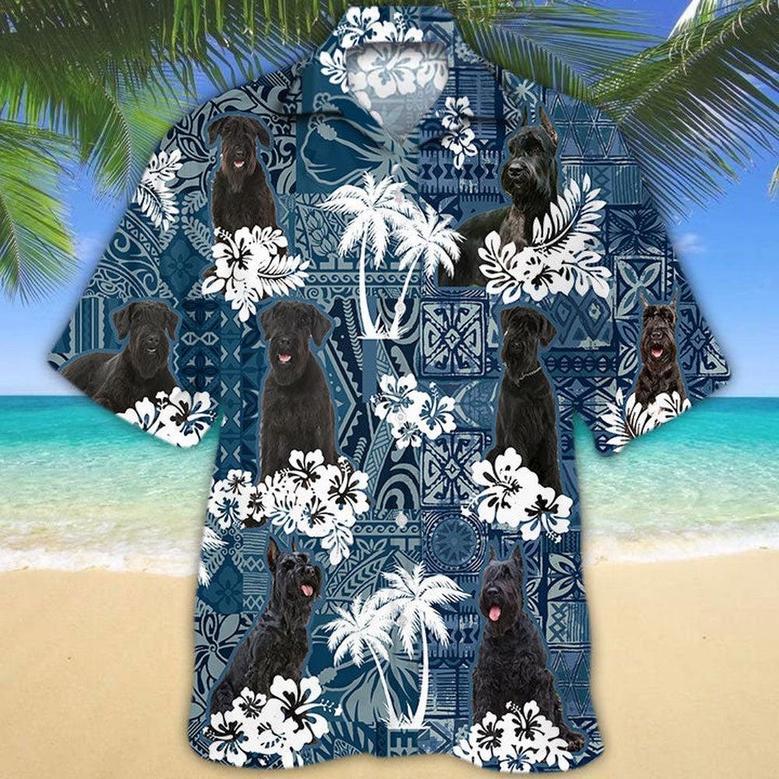 Giant Schnauzer Hawaiian Tropical Plants Pattern Blue And White All Over Printed Hawaiian Shirt, Farm Hawaiian Shirt, Farmer Hawaii