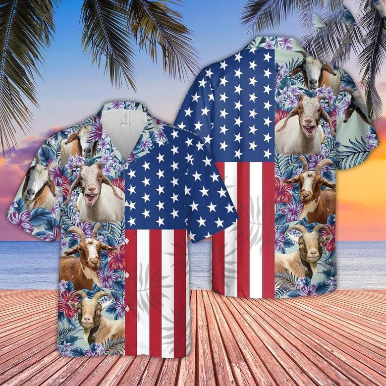 Goat Flower Pattern US Flag Hawaiian Shirt, Farm Hawaiian Shirt, Farmer Hawaii