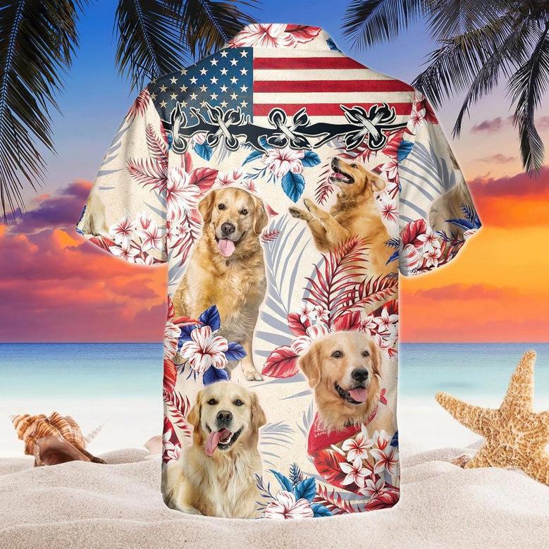 Golden Retriever Dog United States Flag Hawaiian Flowers All Over Printed Hawaiian Shirt, Farm Hawaiian Shirt, Farmer Hawaii