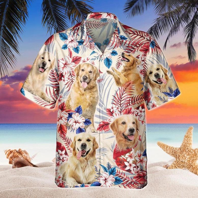 Golden Retriever Dog United States Flag Hawaiian Flowers All Over Printed Hawaiian Shirt, Farm Hawaiian Shirt, Farmer Hawaii