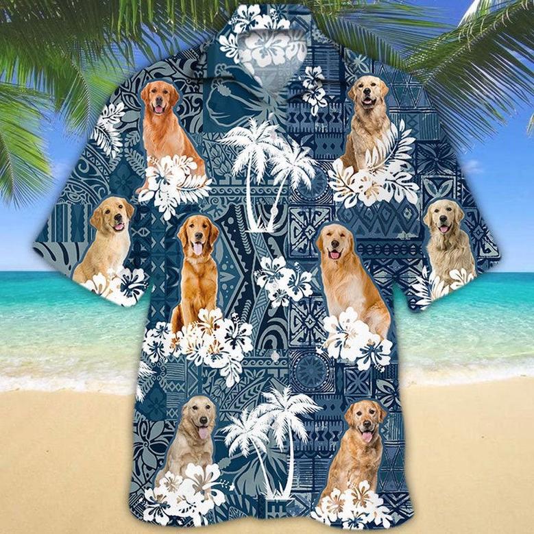 Golden Retriever Hawaiian Tropical Plants Pattern Blue And White All Over Printed Hawaiian Shirt, Farm Hawaiian Shirt, Farmer Hawaii