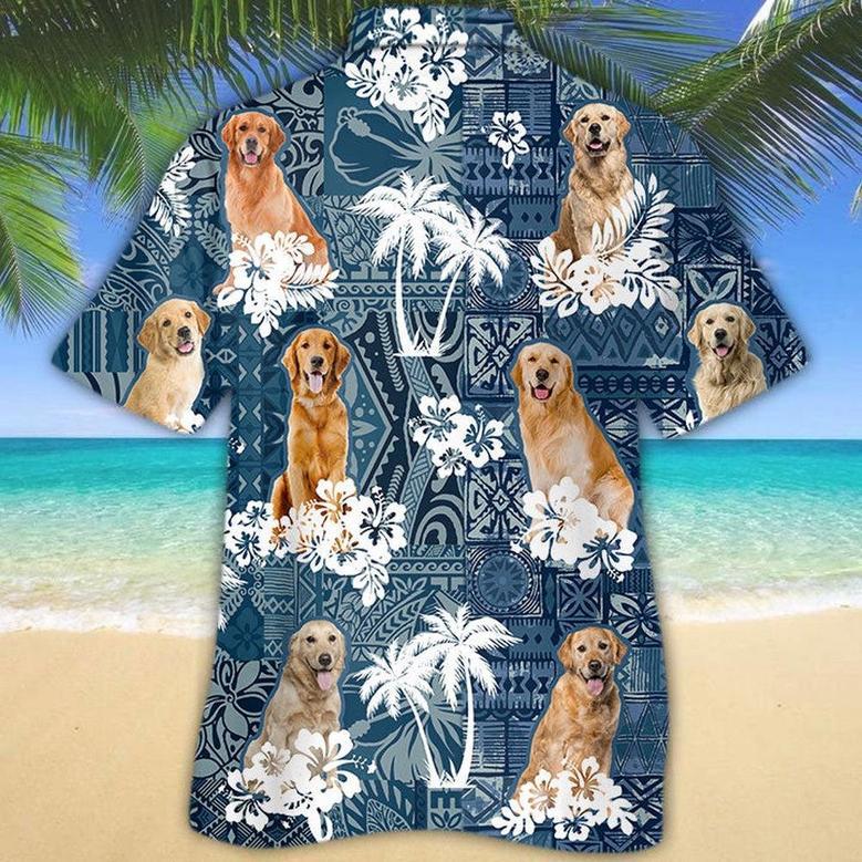 Golden Retriever Hawaiian Tropical Plants Pattern Blue And White All Over Printed Hawaiian Shirt, Farm Hawaiian Shirt, Farmer Hawaii