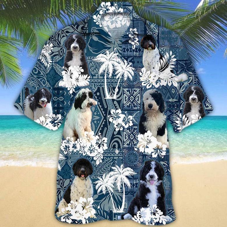 Goldendoodle Hawaiian Tropical Plants Pattern Blue And White All Over Printed Hawaiian Shirt, Farm Hawaiian Shirt, Farmer Hawaii