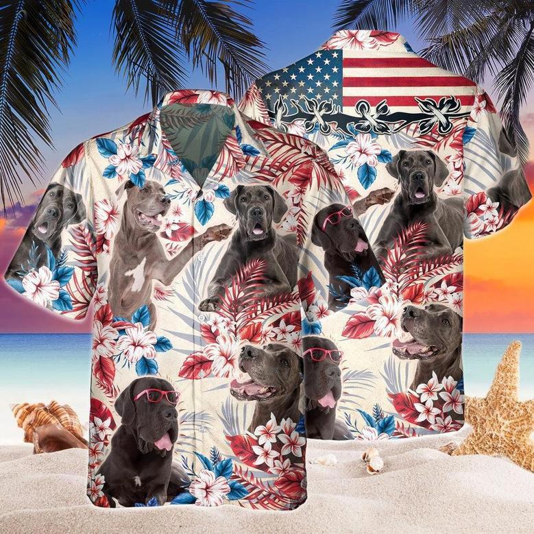 Great Dane Dog United States Flag Hawaiian Flowers All Over Printed Hawaiian Shirt, Farm Hawaiian Shirt, Farmer Hawaii