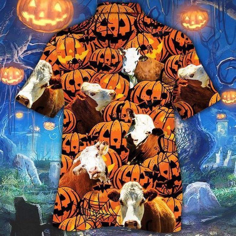 Happy Halloween Hereford Pumpkin All Over Printed Hawaiian Shirt, Farm Hawaiian Shirt, Farmer Hawaii