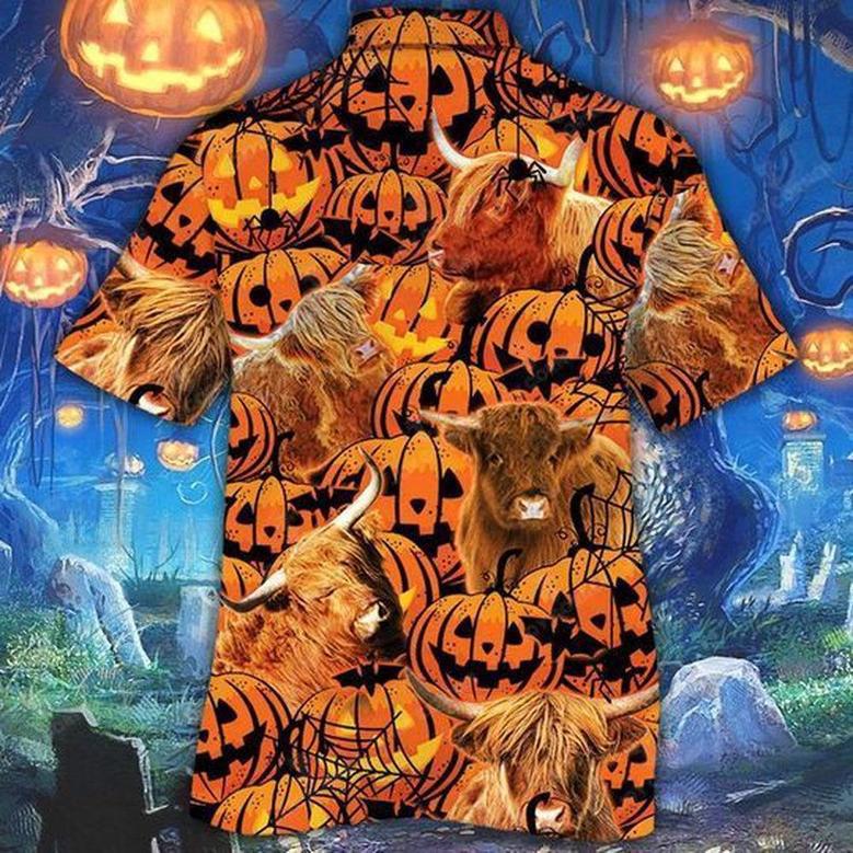 Happy Halloween Highland Pumpkin All Over Printed Hawaiian Shirt, Farm Hawaiian Shirt, Farmer Hawaii