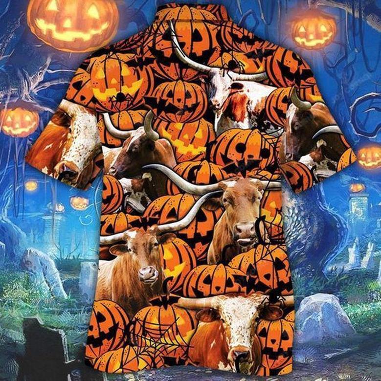 Happy Halloween TX Longhorn Pumpkin All Over Printed Hawaiian Shirt, Farm Hawaiian Shirt, Farmer Hawaii