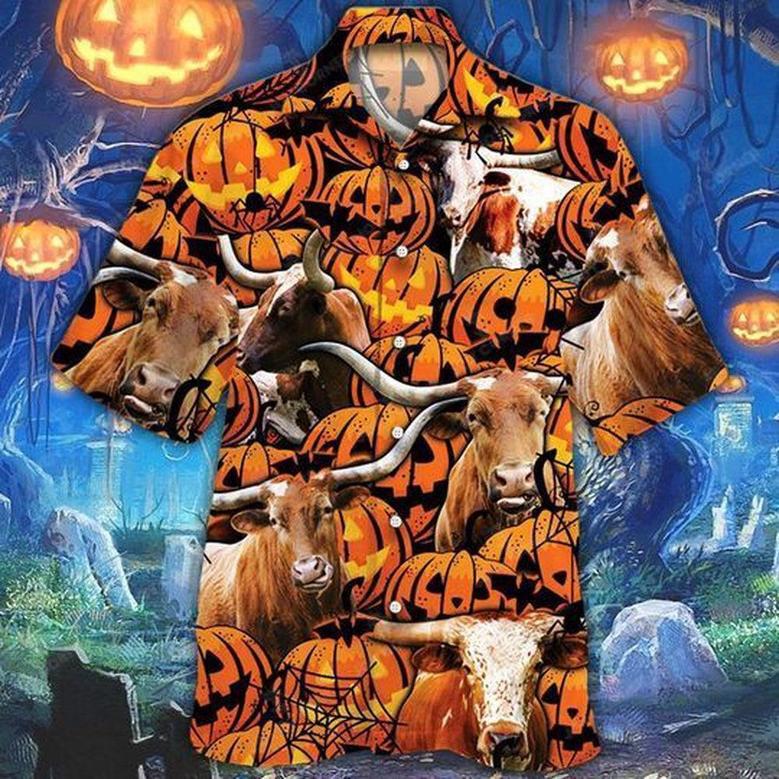 Happy Halloween TX Longhorn Pumpkin All Over Printed Hawaiian Shirt, Farm Hawaiian Shirt, Farmer Hawaii