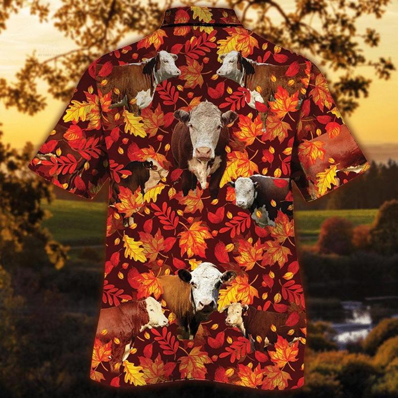 Herefold Cattle Autumn Leaves All Over Printed Hawaiian Shirt, Farm Hawaiian Shirt, Farmer Hawaii