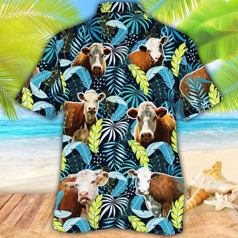 Herefold Cattle Jungle Leaves All Over Printed Hawaiian Shirt, Farm Hawaiian Shirt, Farmer Hawaii