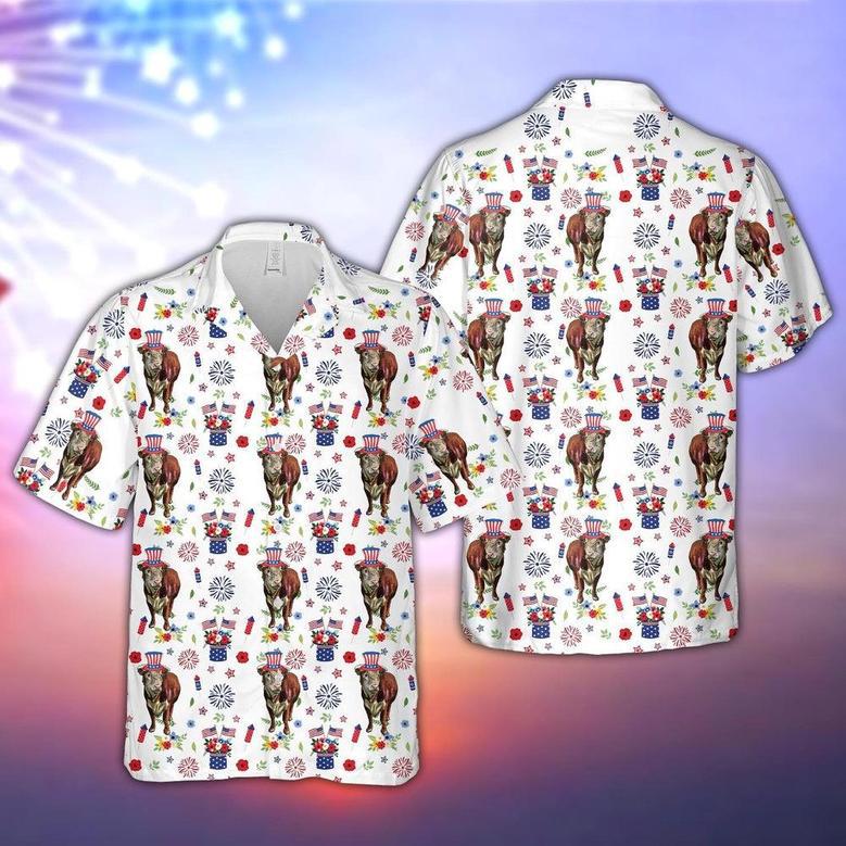 Hereford American Flag And Firework Pattern Hawaiian Shirt, Farm Hawaiian Shirt, Farmer Hawaii