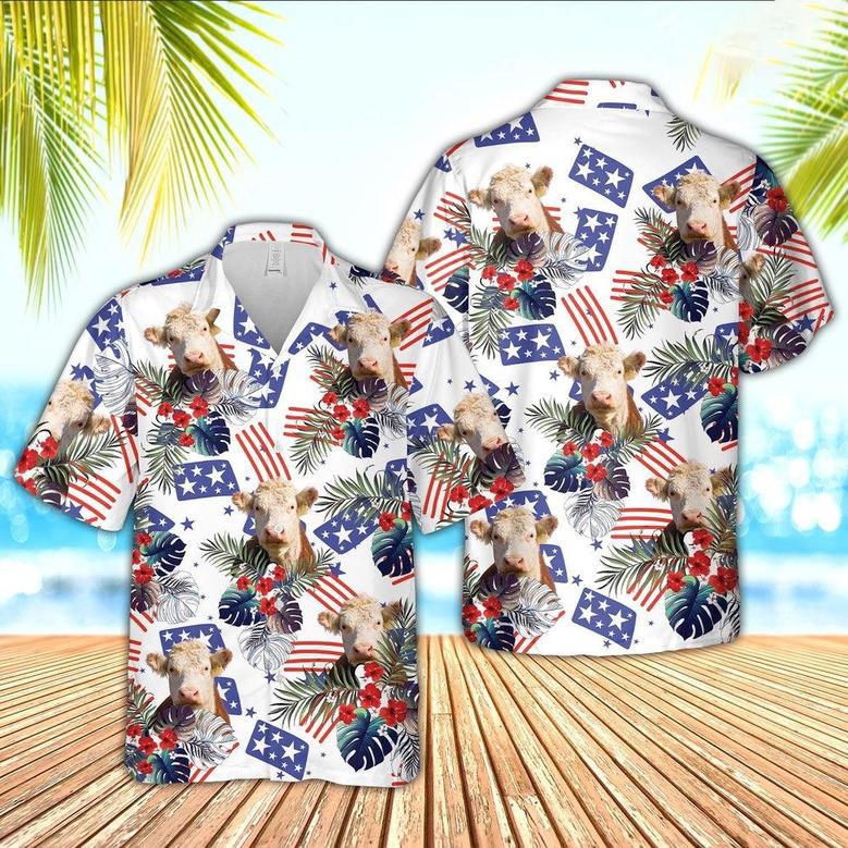 Hereford American Little Flowers And Flag Pattern Hawaiian Shirt, Farm Hawaiian Shirt, Farmer Hawaii