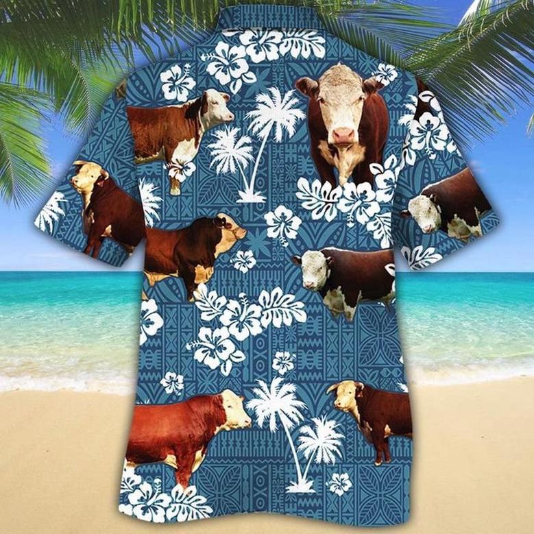 HEREFORD Cattle Blue Tribal All Over Printed Hawaiian Shirt, Farm Hawaiian Shirt, Farmer Hawaii