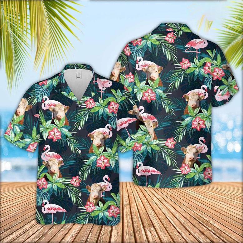 Hereford Cattle Flamingo Hawaiian Shirt, Farm Hawaiian Shirt, Farmer Hawaii