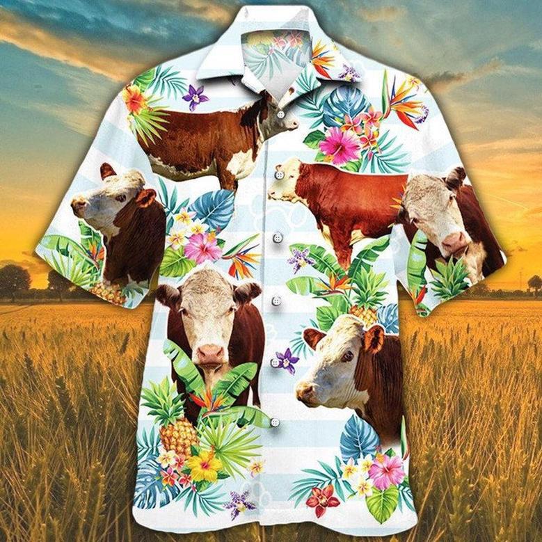 HEREFORD CATTLE Hawaiian Theme Pineapple Tropical Flower All Printed Hawaiian Shirt, Farm Hawaiian Shirt, Farmer Hawaii