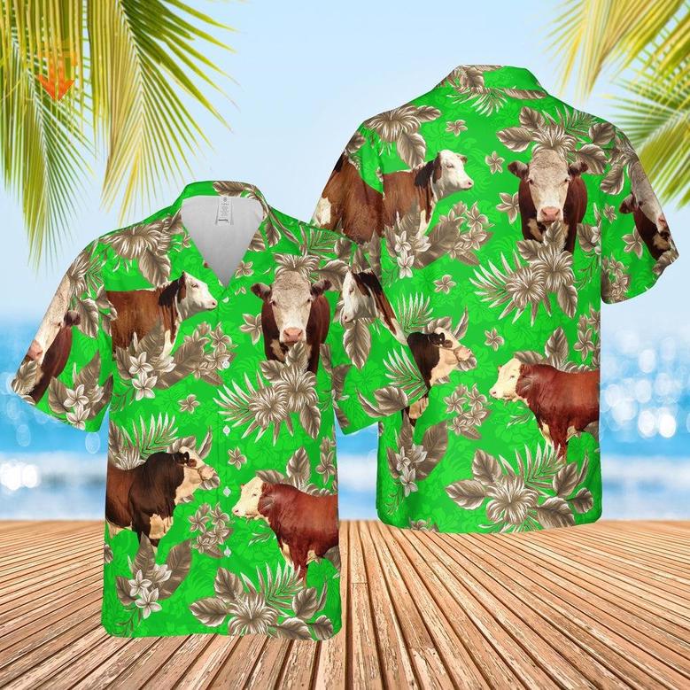 Hereford Cattle Lovers Aloha Pattern All Over Printed Hawaiian Shirt, Farm Hawaiian Shirt, Farmer Hawaii