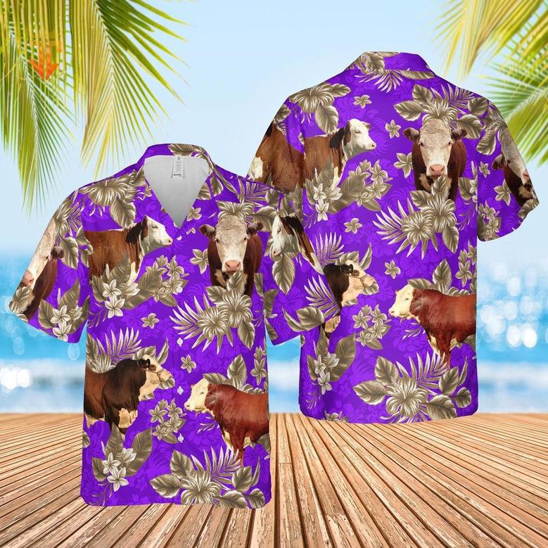 Hereford Cattle Lovers Aloha Pattern All Over Printed Hawaiian Shirt, Farm Hawaiian Shirt, Farmer Hawaii