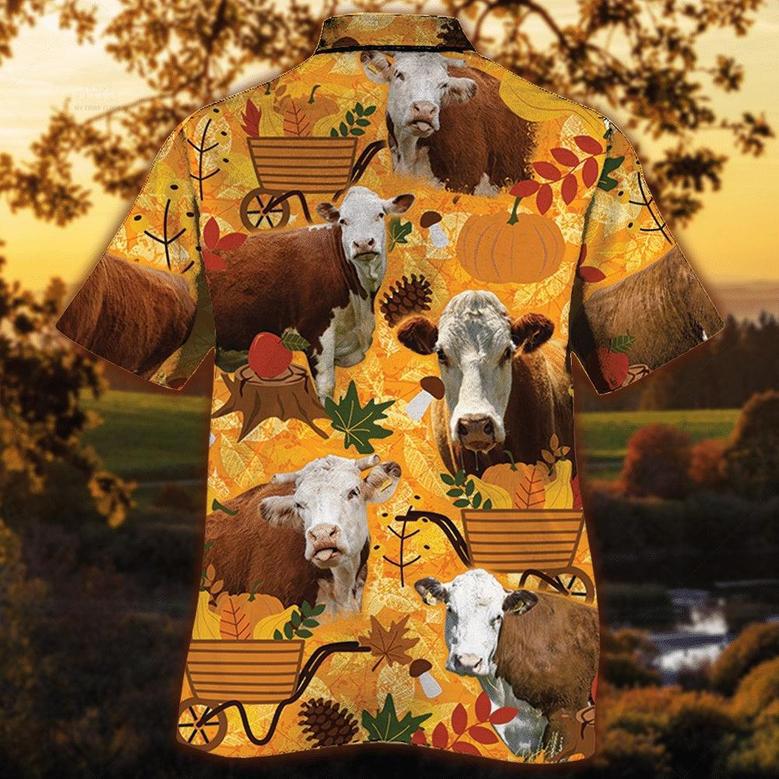 Hereford Cattle Nature Autumn Pumpkin All Over Printed Hawaiian Shirt, Farm Hawaiian Shirt, Farmer Hawaii