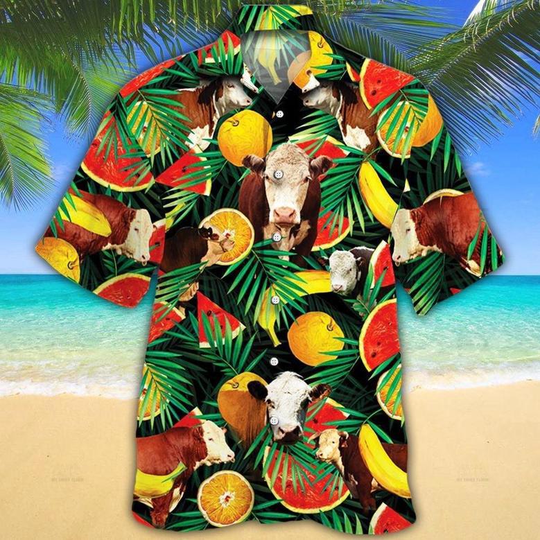 Hereford Cattle Tropical Fruits All Over Printed Hawaiian Shirt, Farm Hawaiian Shirt, Farmer Hawaii