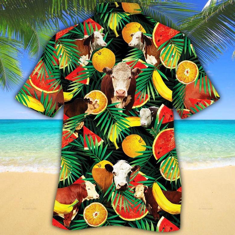 Hereford Cattle Tropical Fruits All Over Printed Hawaiian Shirt, Farm Hawaiian Shirt, Farmer Hawaii