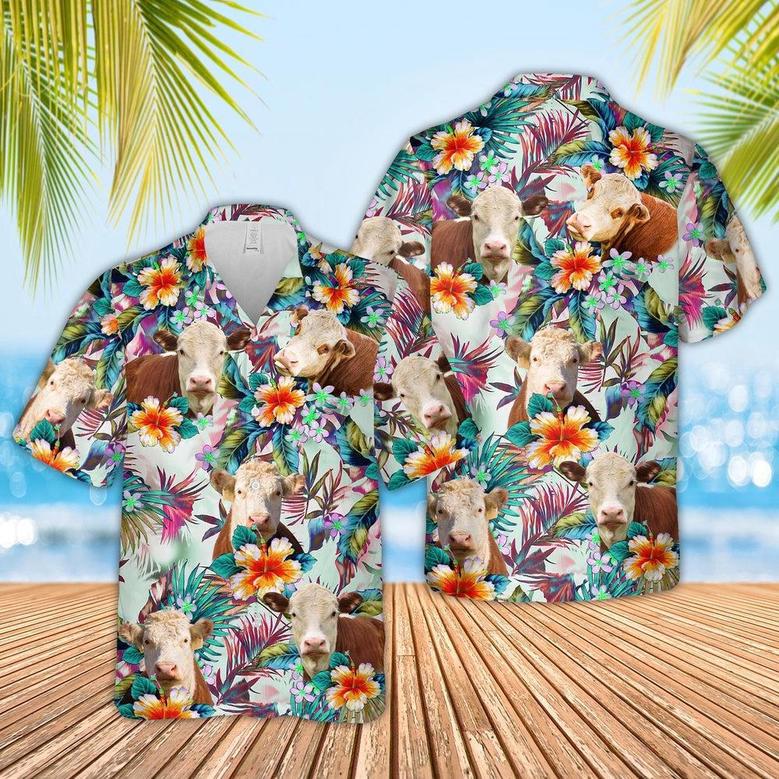 Hereford Colorful Leaf Pattern Hawaiian Shirt, Farm Hawaiian Shirt, Farmer Hawaii