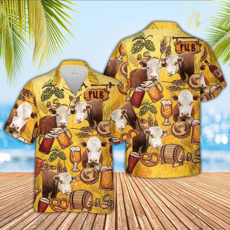 Hereford Drink Beer Pattern Hawaiian Shirt, Farm Hawaiian Shirt, Farmer Hawaii