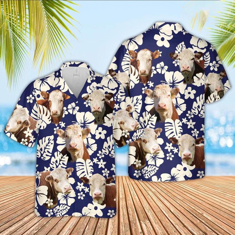 Hereford Flower Blue Pattern Hawaiian Shirt, Farm Hawaiian Shirt, Farmer Hawaii