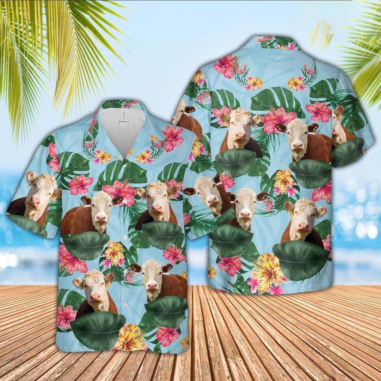 Hereford Flower Pattern Hawaiian Shirt, Farm Hawaiian Shirt, Farmer Hawaii