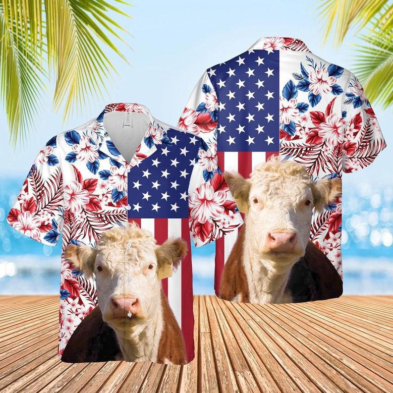 Hereford US Flag Flower Hawaiian Shirt, Farm Hawaiian Shirt, Farmer Hawaii