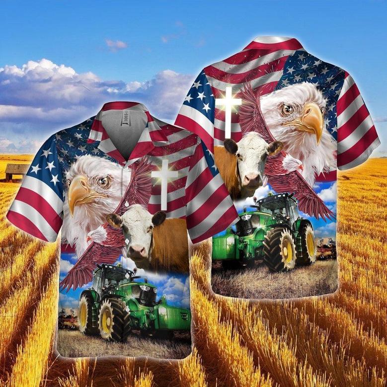 Hereford With Eagles And Tractor Hawaiian Shirt, Farm Hawaiian Shirt, Farmer Hawaii