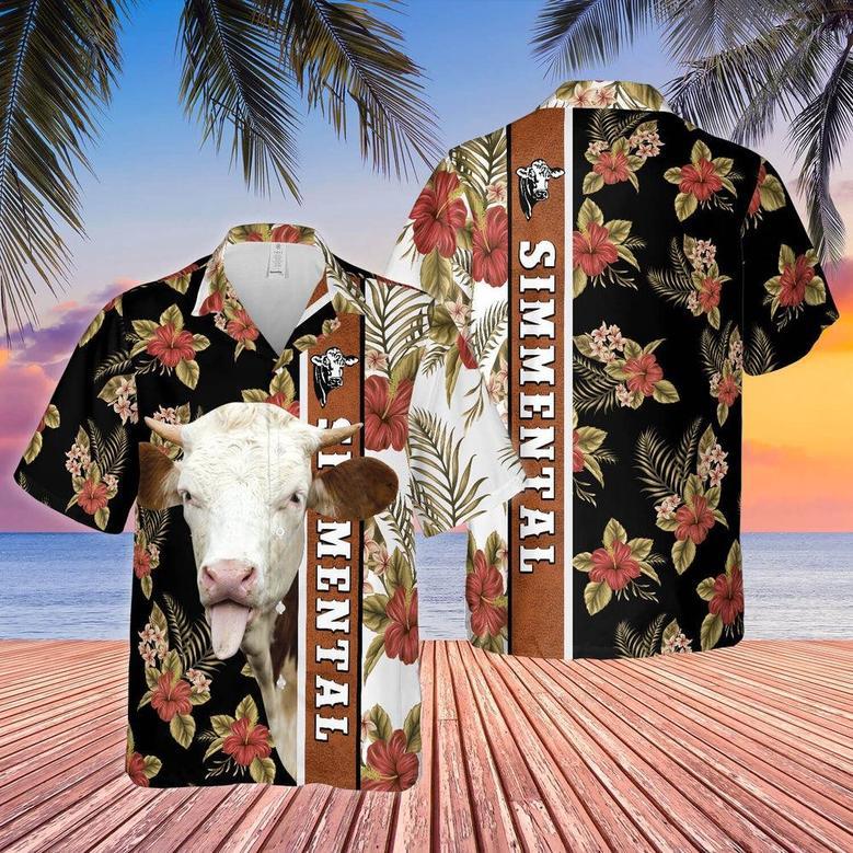 Hibiscus Flowers Simmental Cattle Brown All Over Printed Hawaiian Shirt, Farm Hawaiian Shirt, Farmer Hawaii