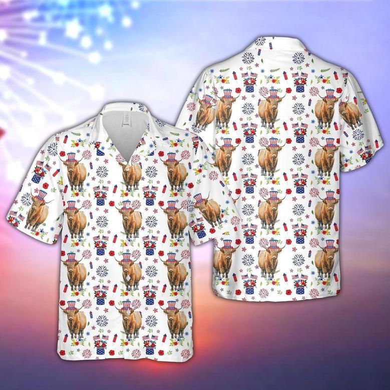 Highland American Flag And Firework Pattern Hawaiian Shirt, Farm Hawaiian Shirt, Farmer Hawaii