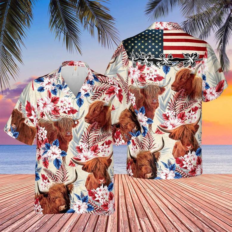 Highland Cattle American Flag Hawaiian Flowers All Over Printed Hawaiian Shirt, Farm Hawaiian Shirt, Farmer Hawaii