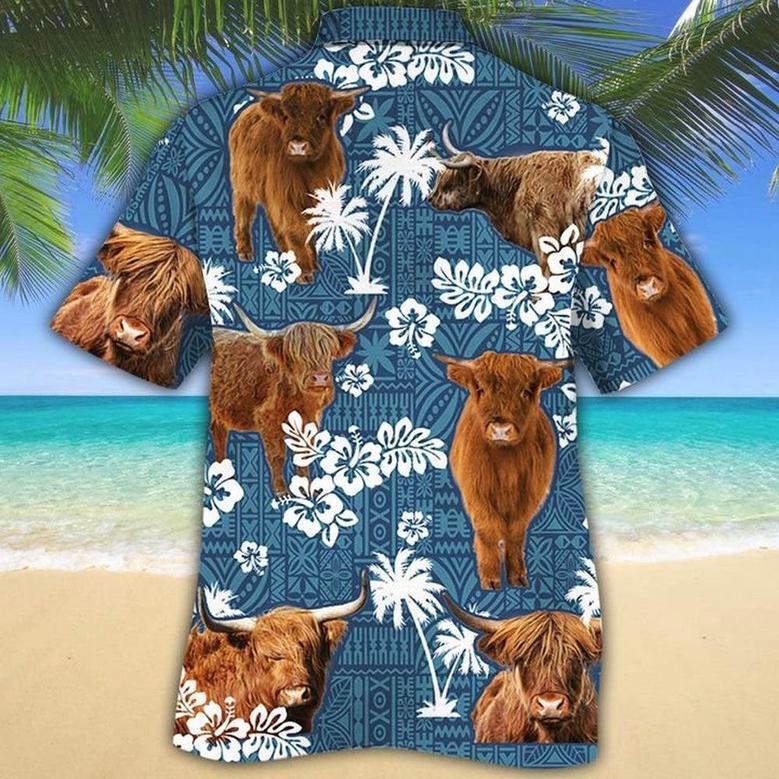 HIGHLAND Cattle Blue Tribal All Over Printed Hawaiian Shirt, Farm Hawaiian Shirt, Farmer Hawaii