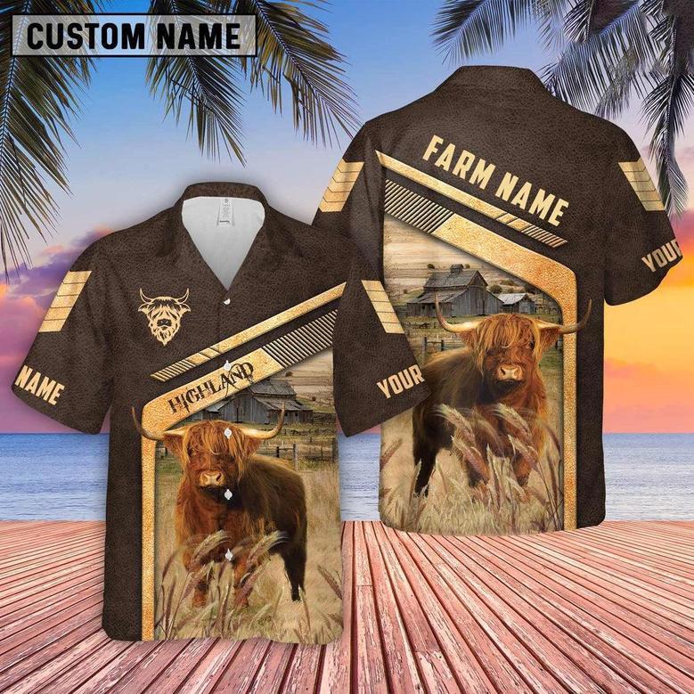 Highland Cattle Brown Pattern Customized Name Hawaiian Shirt, Farm Hawaiian Shirt, Farmer Hawaii