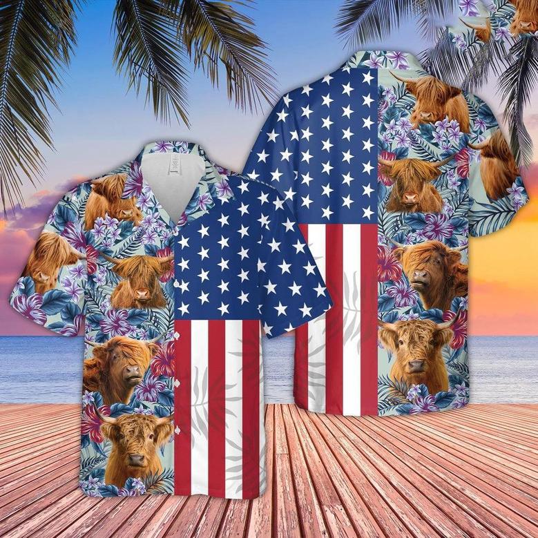 Highland Cattle Flower Pattern US Flag Hawaiian Shirt, Farm Hawaiian Shirt, Farmer Hawaii