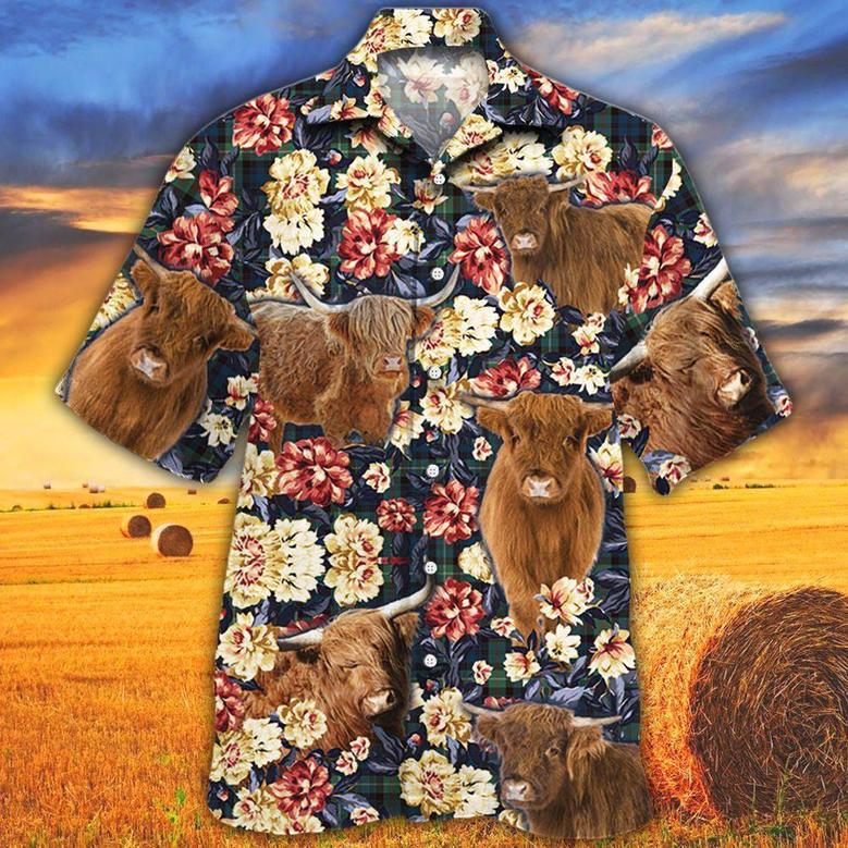 Highland Cattle Green Plaid Pattern All Over Printed Hawaiian Shirt, Farm Hawaiian Shirt, Farmer Hawaii