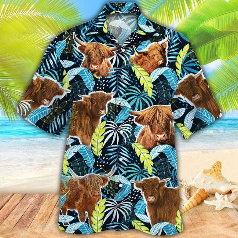 Highland Cattle Jungle Leaves All Over Printed Hawaiian Shirt, Farm Hawaiian Shirt, Farmer Hawaii